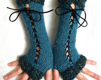 Fingerless Gloves, Long Corset Arm Warmers Handknit in Dark Turquoise Blue Teal Victorian Style with golden lurex