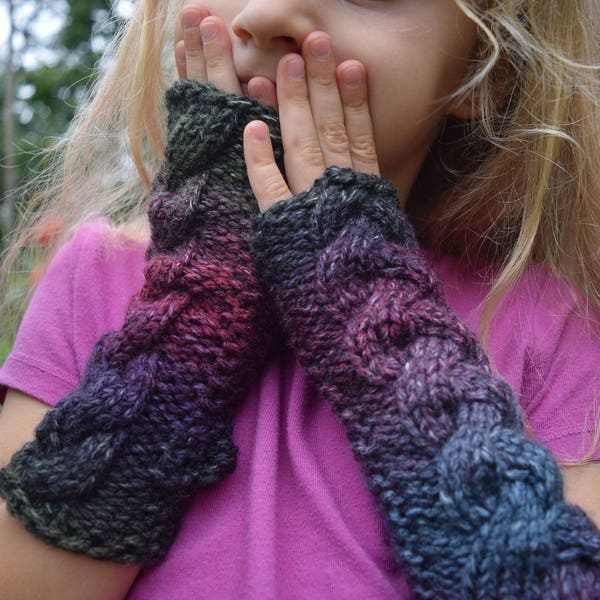 Kids Fingerless Gloves for Girls Cabled Warm Green Purple Maroon Pink Violet Green Handknit Soft Acrylic Mittens
