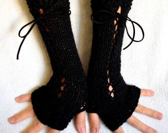 Corset  Gloves Long Black Handknitted  Fingerless Arm Warmers with Suede Ribbons Victorian Style