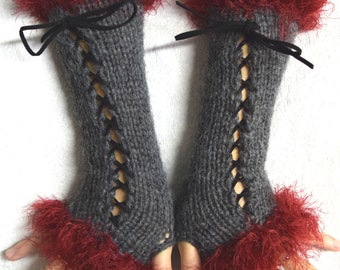 Long Fingerless Gloves Corset Wrist Warmers in Gray and Red Faux Fur with Suede Ribbons Victorian Style