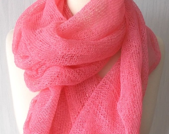 Linen Scarf Lace Shawl Knitted Natural Summer Wrap in Pink