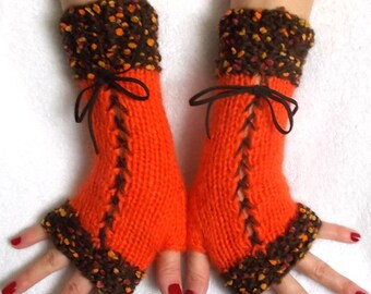 Warm Fingerless Gloves Corset Wrist Warmers in Orange Brown with Suede Ribbons