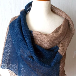 Linen Shawl Blue Brown Knitted Natural Summer Beach Wrap image 1