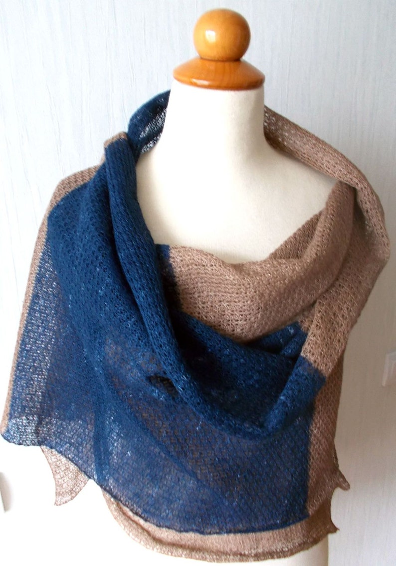 Linen Shawl Blue Brown Knitted Natural Summer Beach Wrap image 1