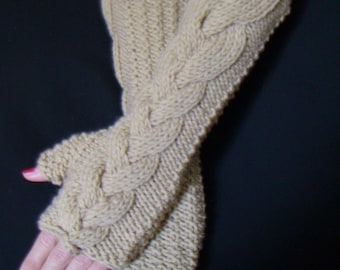 Fingerless Gloves/ Wrist Warmers Light Brown/ Beige Cabled Hand Knitted Soft and Long