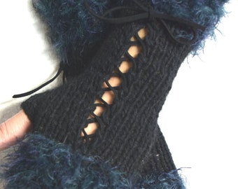 Black Corset  Gloves Handknitted  Fingerless Arm Warmers with Suede Ribbons Victorian Style