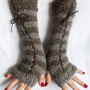 Popular Right Now Christmas Gift for Her Fingerless Gloves Knit Women Long Corset Arm Warmers in  Grey Brown Taupe