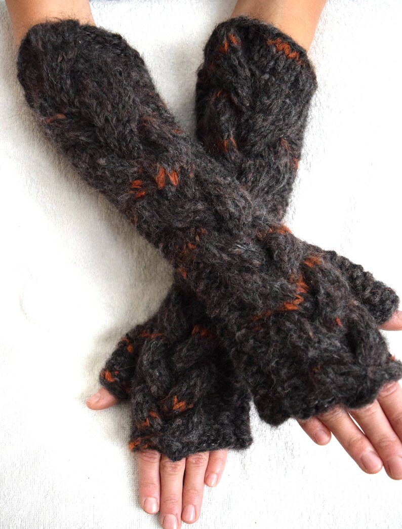 Fingerless Gloves Dark Brown Rusty Orange Arm Warmers Cabled Etsy