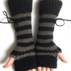 Fingerless Gloves Women Long Corset Wrist Warmers Black Taupe Brown with Suede Ribbons Victorian Style Hand Knit image 5