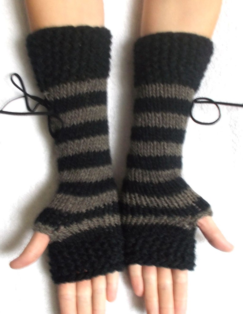 Fingerless Gloves Women Long Corset Wrist Warmers Black Taupe Brown with Suede Ribbons Victorian Style Hand Knit image 5