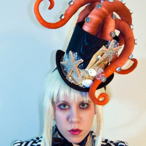 Octopus Tentacle Hat - Steampunk Victorian Masquerade Top Hat - Orange x Gold x Black - 3 to 4 Week Turnaround