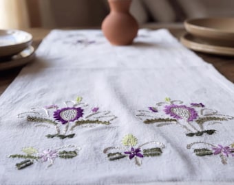 Handmade Turkish Embroidery on Antique Cotton Fabric, Silver Thread Table Runner, Upcycled Heirloom Textile