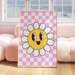 Estampado floral retro de los 70 / Estampado pastel / Arte mural rosa / Digital / Póster / Estampado floral / Colorido / Margaritas / Decoración de dopamina / Floral