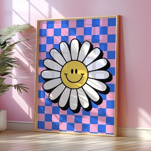 Estampado floral retro de los 70 / Estampado moderno / Arte mural / Digital / Póster / Estampado floral / Colorido / Margarita / Decoración de dopamina / Floral / A cuadros