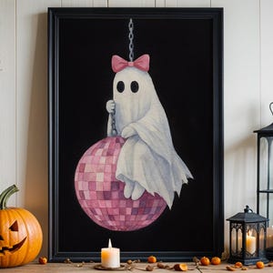 Cute Ghost on Disco Ball Print | Wall Art | Halloween Decor | Pink Aesthetic | Spooky Art | Girly Gothic Artwork | Whimsigoth | Pastel Goth