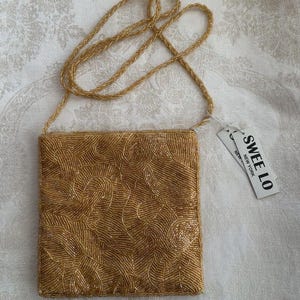 Vintage Beaded Pouch Purse - Swirl Pattern Gold Glass Beads 1980s Swee Lo NY