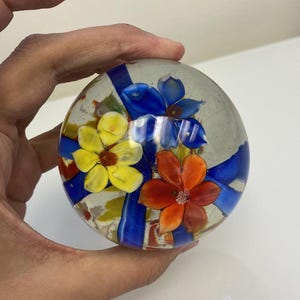 Vintage Art Glass Paperweight Colorful Encased Flowers in Clear Glass Large Orb - Mid Century Modern Decor