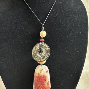 Vintage Chinese Assemblage Necklace - Artisan Chinese Coin Agate Drop Pendant - Statement Runway Necklace