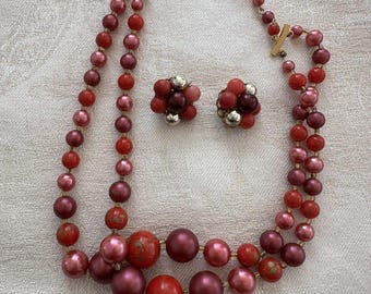 Vintage Multi Strand Beaded Necklace & Earrings Set Circa 1960 - Red Tones Mid Century Jewelry Statement Necklace