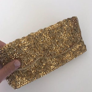 Ladies Vintage Beaded Clutch Purse Gold Glass Beads Mid-Century 1960s Hong Kong
