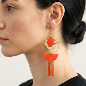 Hypoallergenic Stainless Steel Dangle Earrings, Hook Closure, Minimal Hoop Geometric Design, Black and Bronze Gold Drop Handmade Earrings