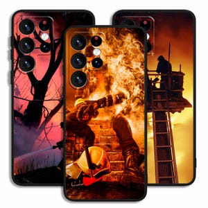 May include: Three phone cases with firefighter-themed designs. One case features a firefighter in action, another shows a silhouette of a firefighter on a ladder, and the third depicts a tree silhouette with a red and purple background.