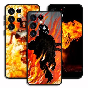 May include: Three phone cases with fire-themed designs. One case features a firefighter silhouette in flames, another shows a person in a fire, and the third depicts a fiery explosion. The cases have black borders.
