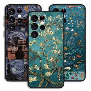 May include: Three phone cases with different designs. The first case features a blue and white starry night scene. The second case features a blue and white painting of a blooming almond tree. The third case features a blue and white underwater scene with fish, coral, and a crab.