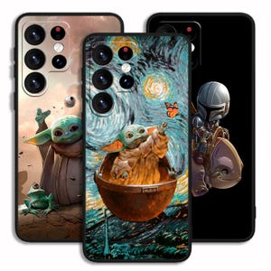 May include: Three phone cases with unique designs. One case features Grogu with a frog, another depicts Grogu in a bowl with a butterfly against a starry night background, and the third showcases a Mandalorian character.