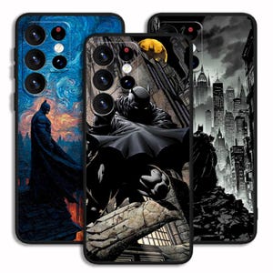 May include: Three phone cases with Batman designs. One case features a blue and black starry night design with Batman. The second case has a black and grey Batman illustration. The third case has a black and white cityscape with Batman.