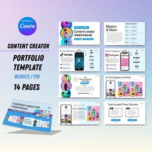 Puede incluir: Una plantilla de portafolio de creador de contenido de 14 páginas en formato digital. La plantilla presenta un esquema de color azul y blanco con una variedad de iconos y gráficos. La plantilla está diseñada para ayudar a los creadores de contenido a mostrar su trabajo y habilidades a clientes potenciales.
