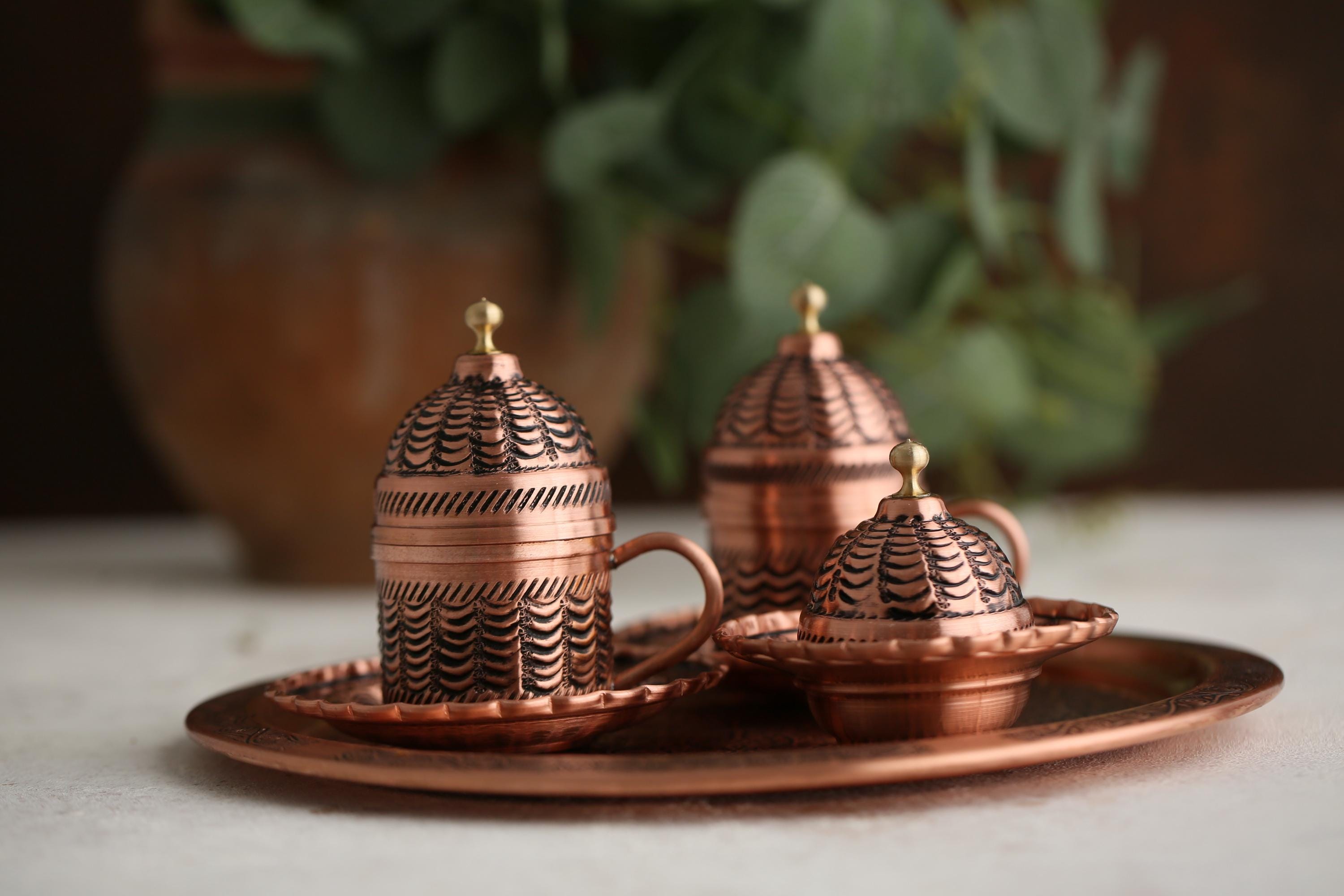 Handcrafted Copper Turkish Coffee Set, Engraved Arabic Coffee Pot and Serving Tray, Traditional Copper Coffee Cups,Copper Mugs gifts for him