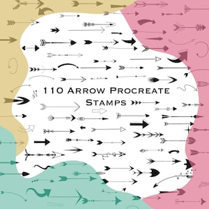 Pode incluir: Uma coleção de 110 carimbos de setas Procreate em vários estilos. As setas são em preto e branco, com diferentes designs, incluindo elementos retos, curvos e decorativos. O fundo tem uma mistura de cores, incluindo bege, rosa e turquesa.