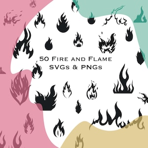 Fire SVG and PNG files bundle. 50 unique hand drawn flame designs, ideal for tattoo design, prints, stickers and more.