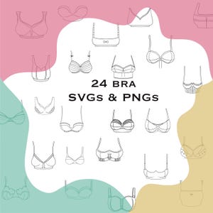 Könnte beinhalten: Eine Illustration mit 24 verschiedenen BH-Designs im Line-Art-Stil. Die BHs sind schwarz umrandet und auf einem farbenfrohen Hintergrund mit dem Text "24 BRA SVGs & PNGs" angeordnet.