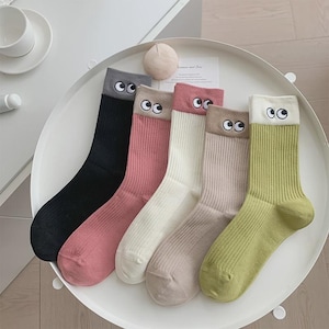 Hand-Embroidered &quot;Big Eyes&quot; Crew Socks - Quirky and Unique Ribbed Cotton Socks, Crew Socks with Motif, Cute Socks