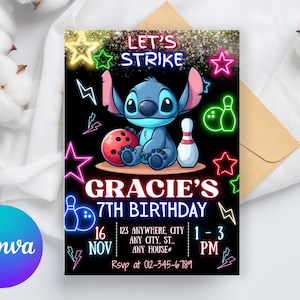 Invito di compleanno a tema bowling Stitch / Invito per festa a tema gioco Stitch Neon / Invito per bambini glitterato da scaricare / DIGITALE modificabile