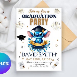 Stitch Graduation Blue Party Invitation | Stitch Lilo kindergarten and school Party Invitation | Lilo Angel Invitation Download Editable