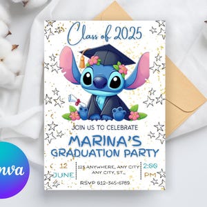 Stitch Graduation Party Invitation | Stitch kindergarten and school Party Invitation | Lilo Angel Invitation Download