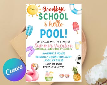 End of School Party Invitation, Schools Out Party Invitation, Summer Pool Party, Pool Party Invite, Hello Summer, Editable Canva Template