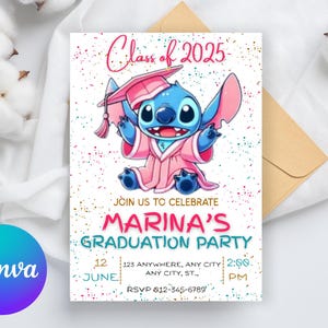Invito alla festa di laurea di Stitch in blu / Invito alla festa di Stitch Lilo per l'asilo e la scuola / Invito Lilo Angel scaricabile modificabile