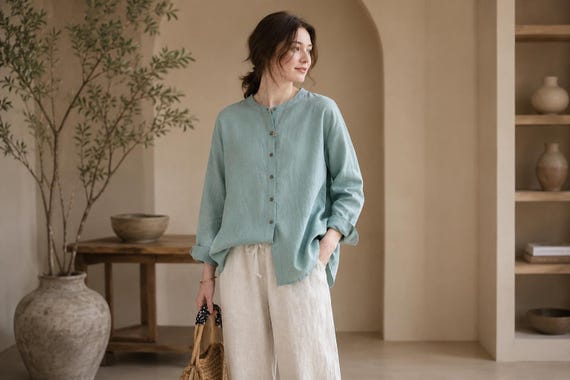 Women's 100% Linen Shirt | Long Sleeve Button Down Blouse | Loose Fit Casual Linen Top | Minimalist Summer Shirt | Plus Size Linen Clothing