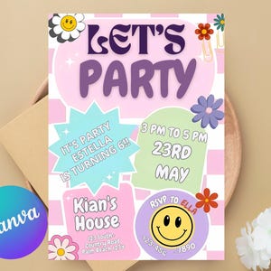 Digital Editable Preppy Patch Letter Invitation | Retro Varsity Patch Birthday Invitation | Let’s Party Smiley Face Editable Invite Download