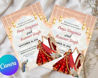 Indian Wedding Invitation, Indian Wedding Invite, Hindu Wedding Invitation Canva Template, Wedding Invitation Template, Hindu Invitation