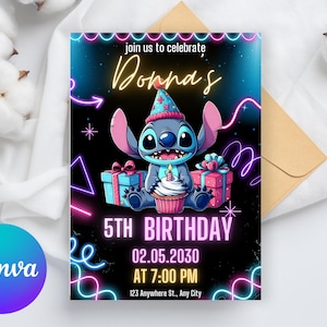 Stitch Birthday Invitation | Editable & Printable Template | Cute Stitch Party Invite | Canva Template | Instant Download