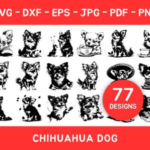 Chihuahua SVG-Bundle, 77 Designs, süßer Hund Clipart, Vektor Chihuahua PNG, Haustier Silhouette Kunst, digitaler Download für Cricut, Laser Cut-Dateien