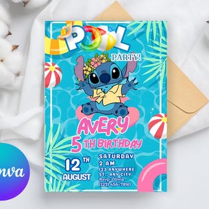 Convite editável para festa na piscina com tema Stitch Girl, convite para festa na piscina, convite para festa na piscina com tema Stitch Girl, festa de aniversário na piscina, arquivo digital