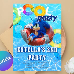 editable Sonic Pool Party birthday Invitation,Sonic beach Party Invitation, summer, hello school Party Bash Instant Download Editable Canva