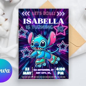 Stitch Roller Skating Birthday Party Invitation | Stitch Lilo Pastel Skate Party Invitation | Angel Invitation Download Skate Lights