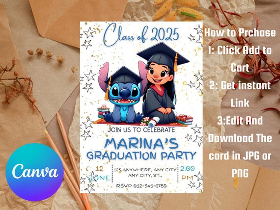 Stitch Graduation Party Invitation | Stitch kindergarten and school Party Invitation | Lilo Angel Invitation Download